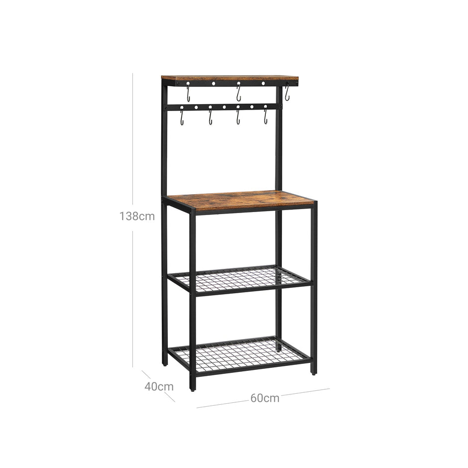 Kitchen Baker's Rack – Metal – Rustic Brown and Black – Storage Shelves with Hooks