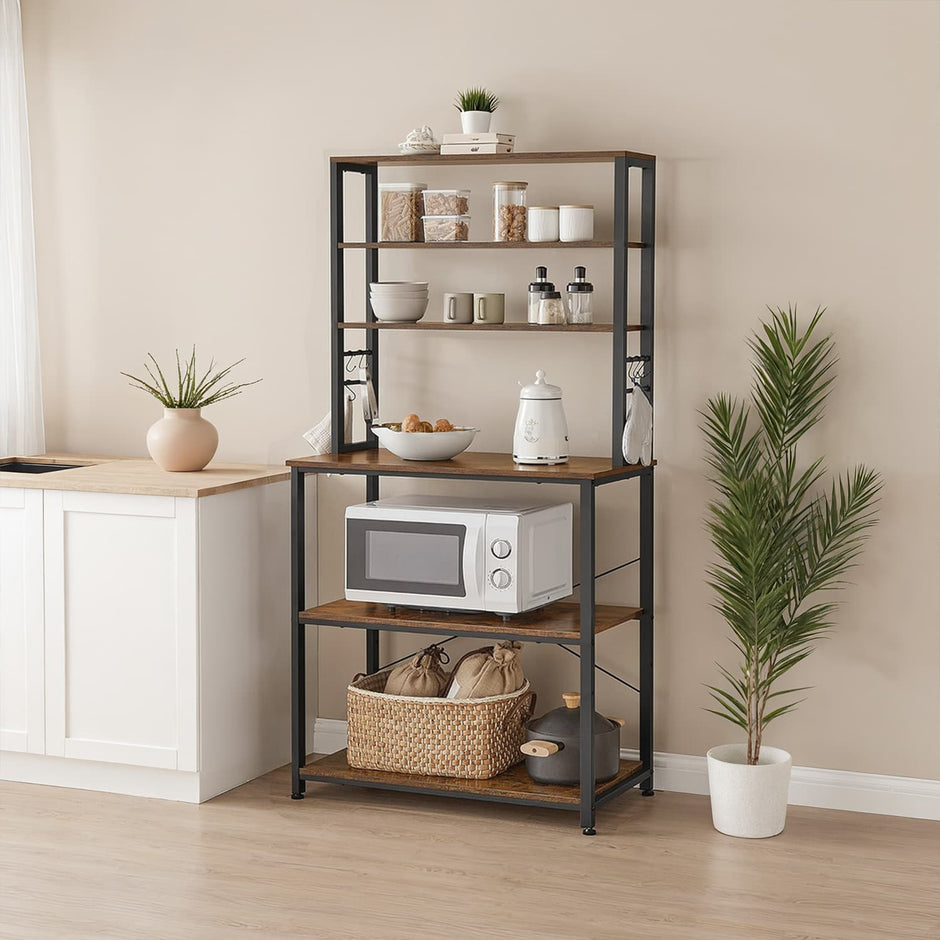 Baker's Rack – Wood and Metal – Rustic Brown and Black – 6 Shelves with 6 Hooks