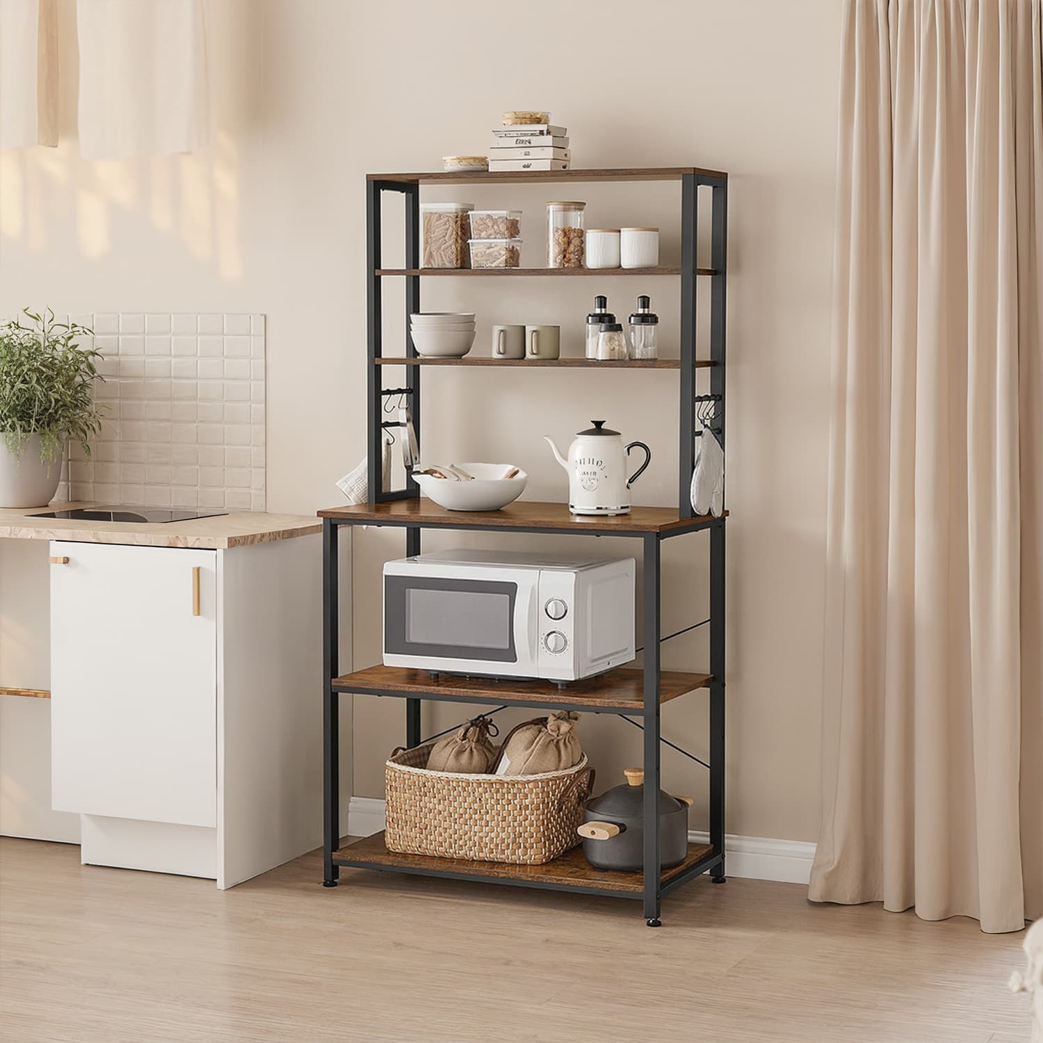Baker's Rack – Wood and Metal – Rustic Brown and Black – 6 Shelves with 6 Hooks