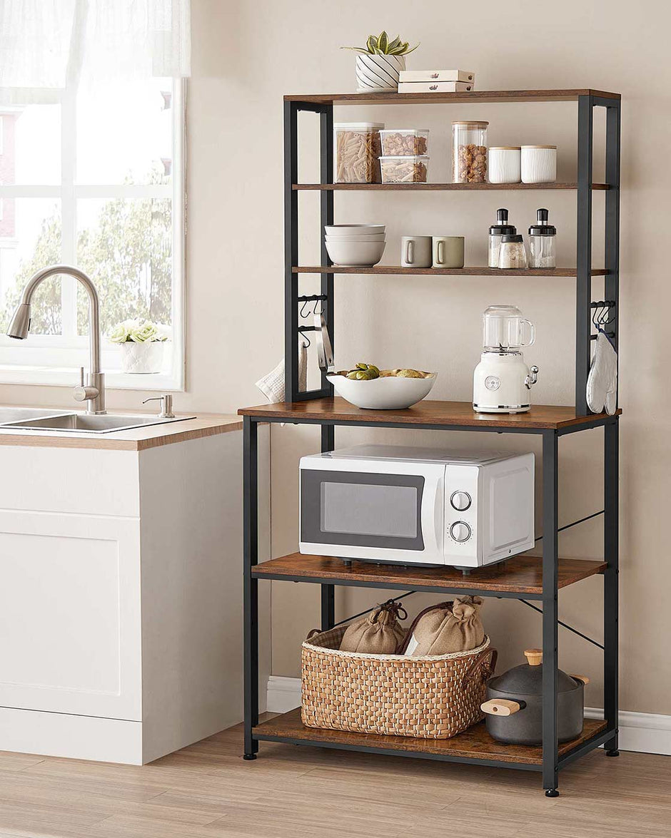 Kitchen Storage Rack – Steel – Heather Greige and Ink Black – 6 Shelves and 6 Hooks