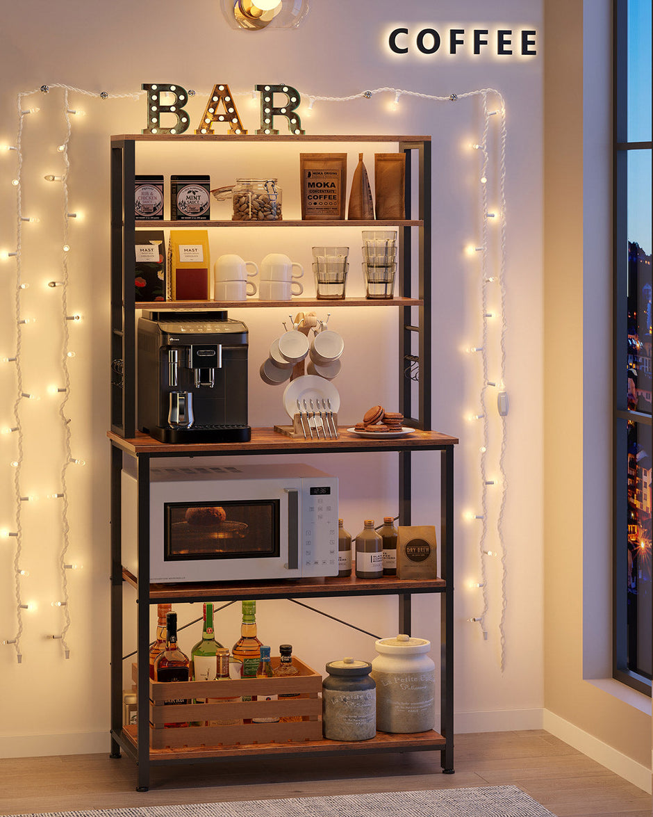 Kitchen Storage Rack – Steel – Heather Greige and Ink Black – 6 Shelves and 6 Hooks