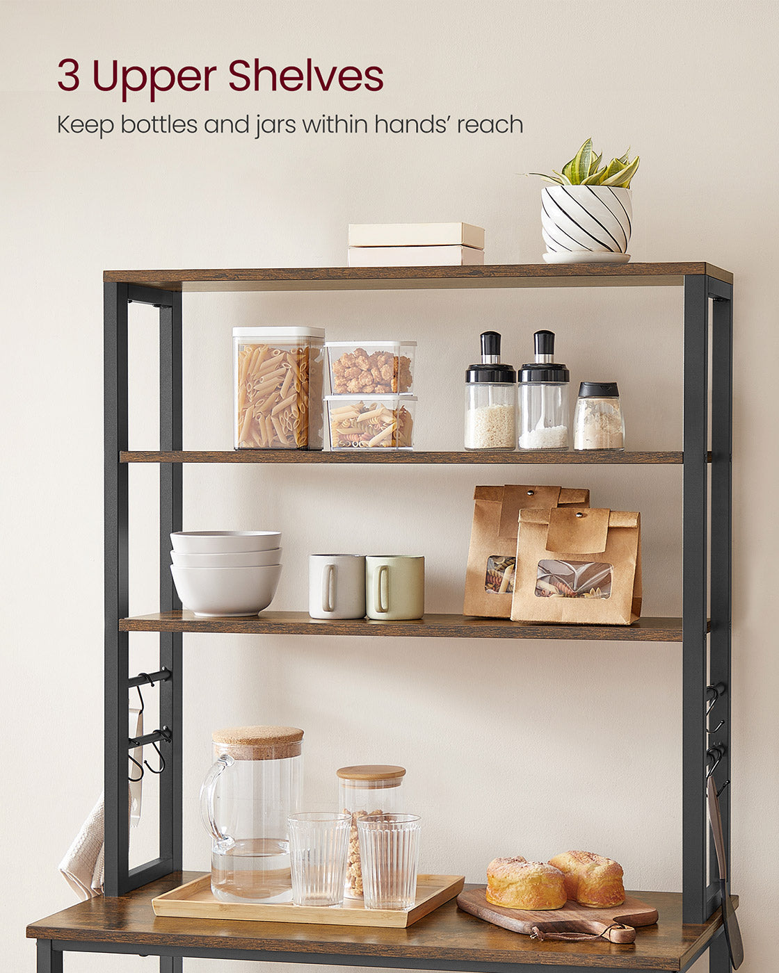 Kitchen Storage Rack – Steel – Heather Greige and Ink Black – 6 Shelves and 6 Hooks