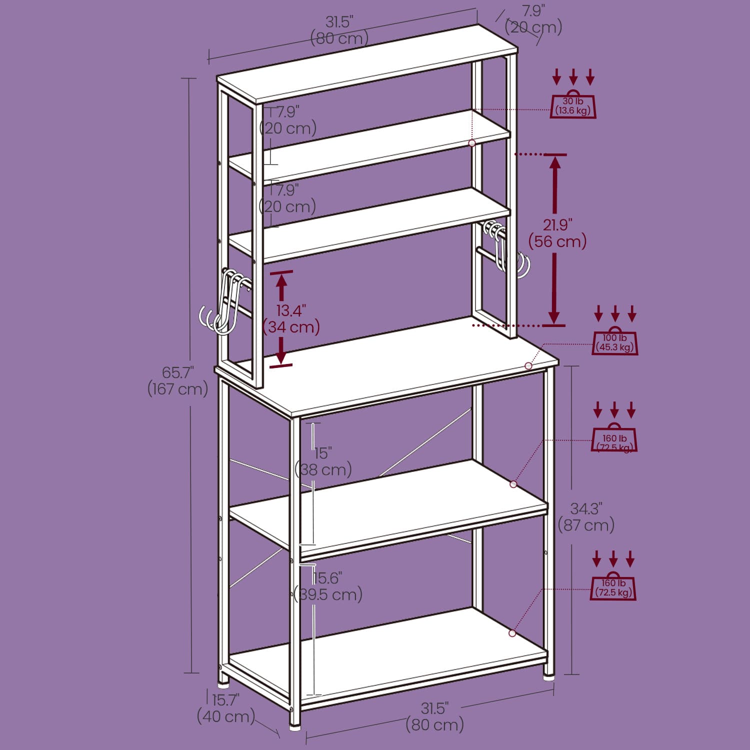 Baker's Rack – Wood and Metal – Rustic Brown and Black – 6 Shelves with 6 Hooks