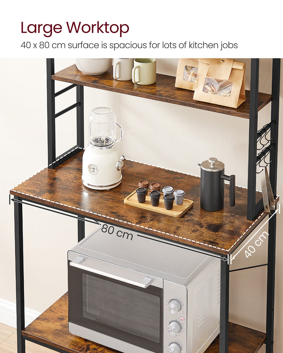 Kitchen Storage Rack – Steel – Heather Greige and Ink Black – 6 Shelves and 6 Hooks