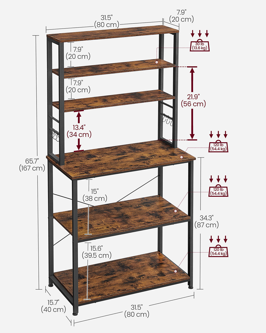 Kitchen Storage Rack – Steel – Heather Greige and Ink Black – 6 Shelves and 6 Hooks