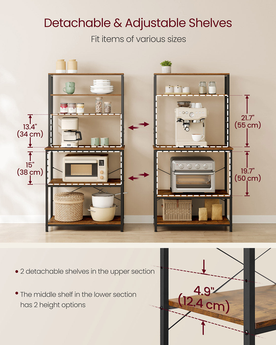 Kitchen Storage Rack – Steel – Heather Greige and Ink Black – 6 Shelves and 6 Hooks
