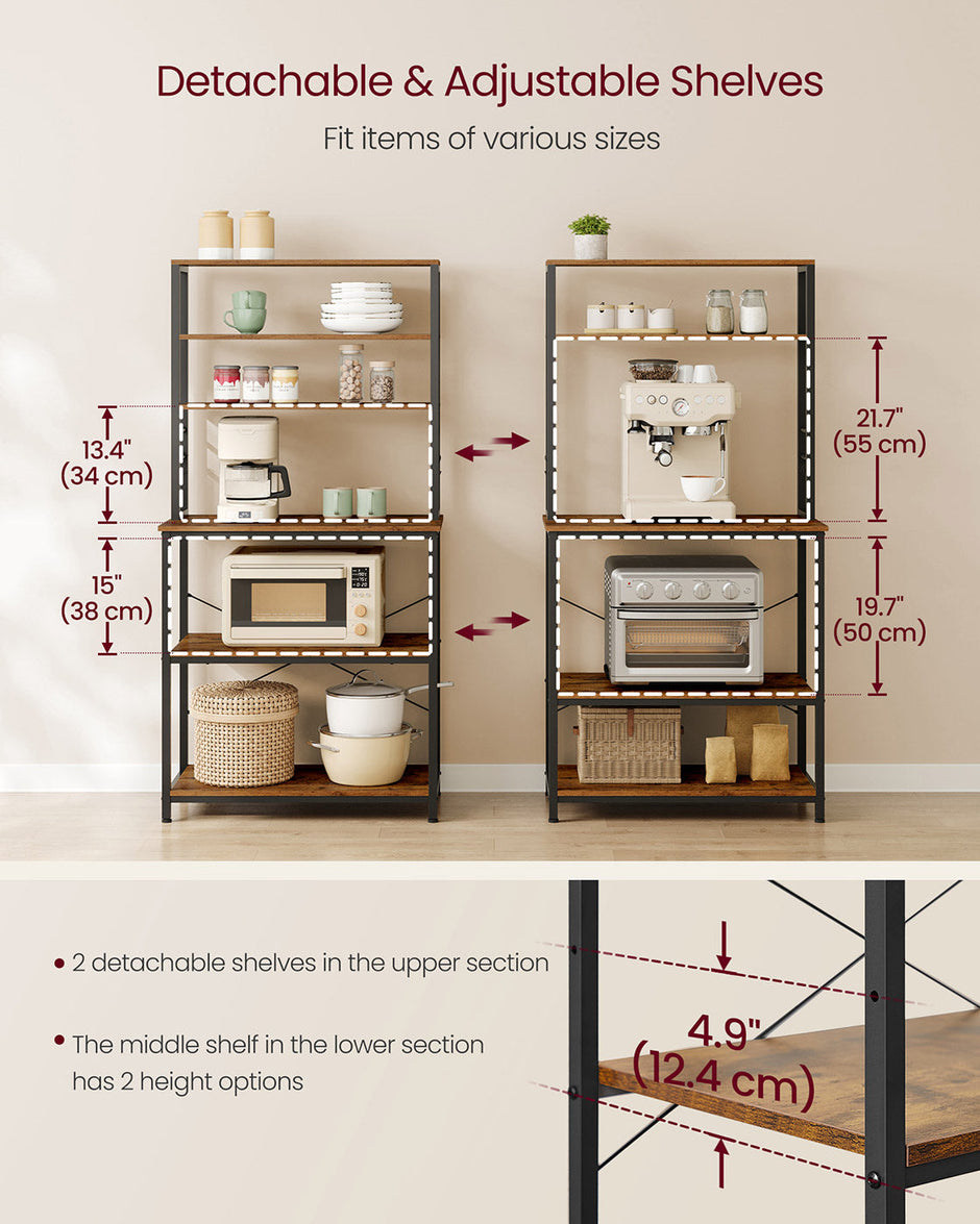 Kitchen Storage Rack – Steel – Heather Greige and Ink Black – 6 Shelves and 6 Hooks
