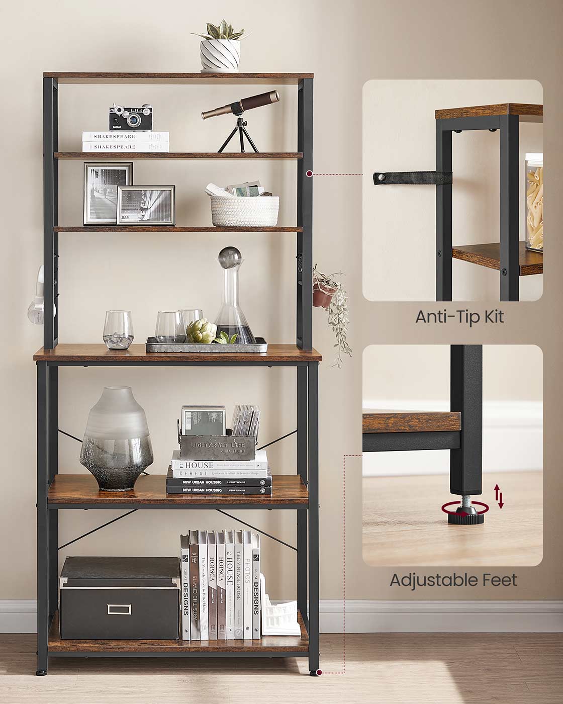 Kitchen Storage Rack – Steel – Heather Greige and Ink Black – 6 Shelves and 6 Hooks