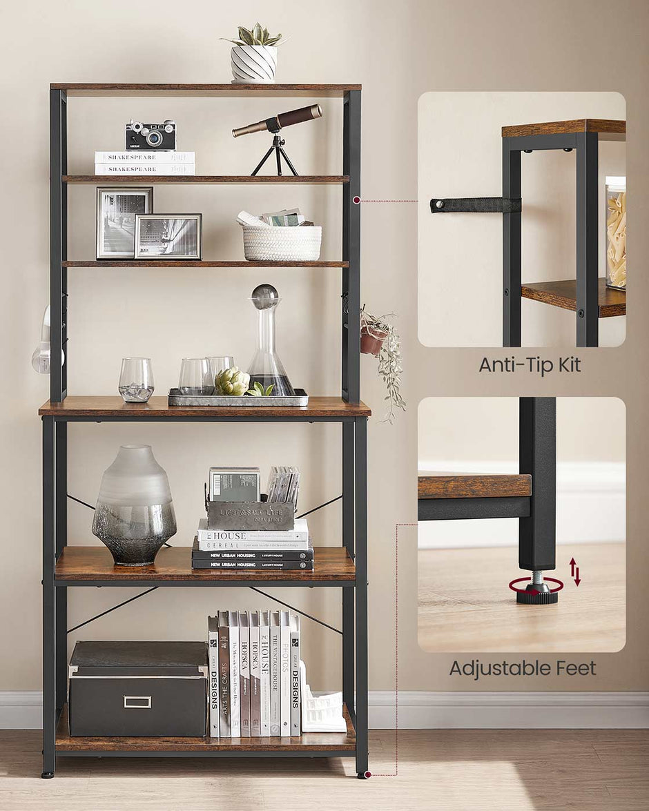 Kitchen Storage Rack – Steel – Heather Greige and Ink Black – 6 Shelves and 6 Hooks