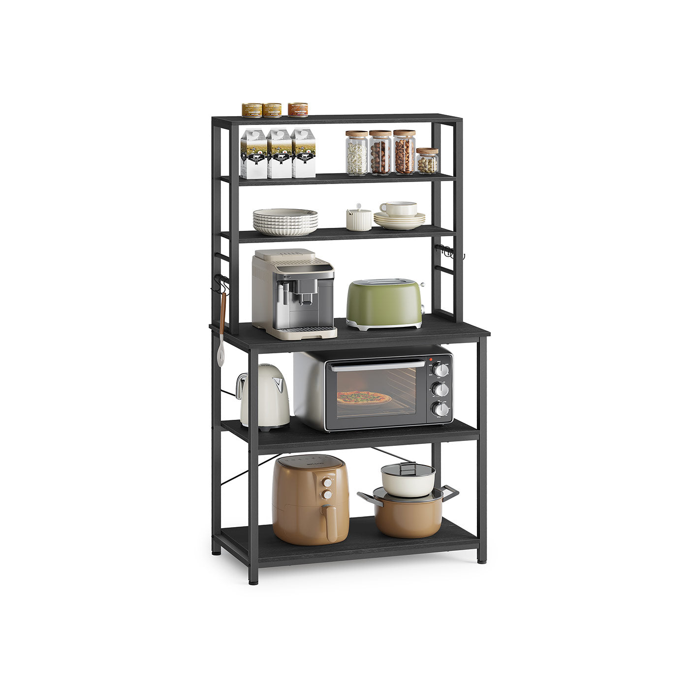 Kitchen Storage Rack – Steel – Charcoal Grey and Ink Black – 6 Shelves and 6 Hooks