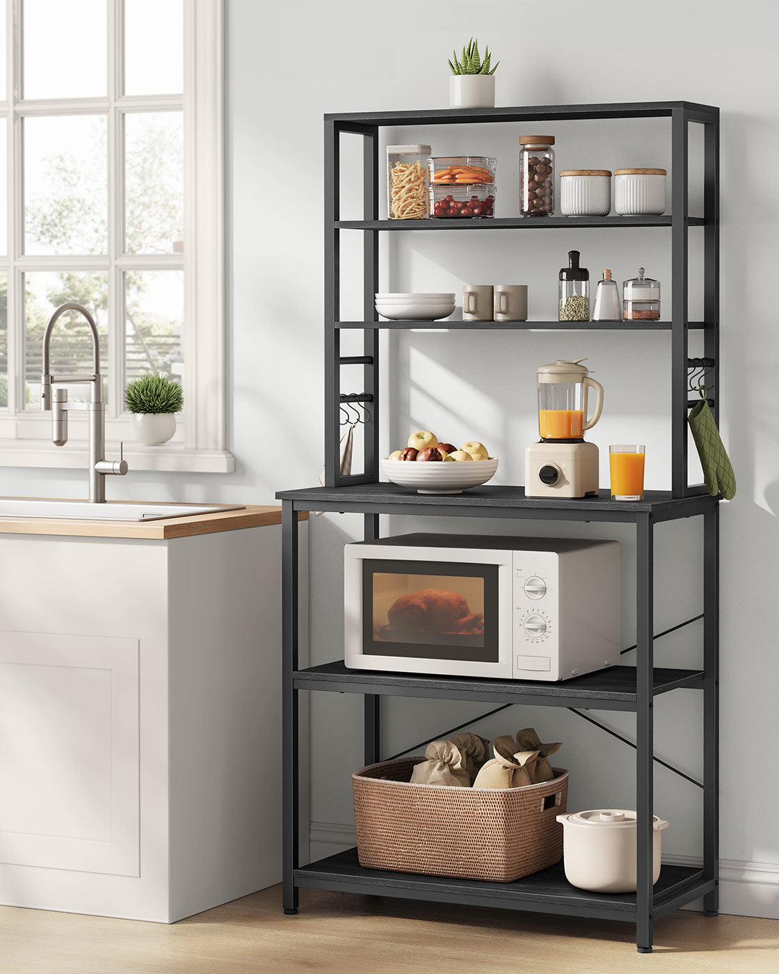 Kitchen Storage Rack – Steel – Charcoal Grey and Ink Black – 6 Shelves and 6 Hooks