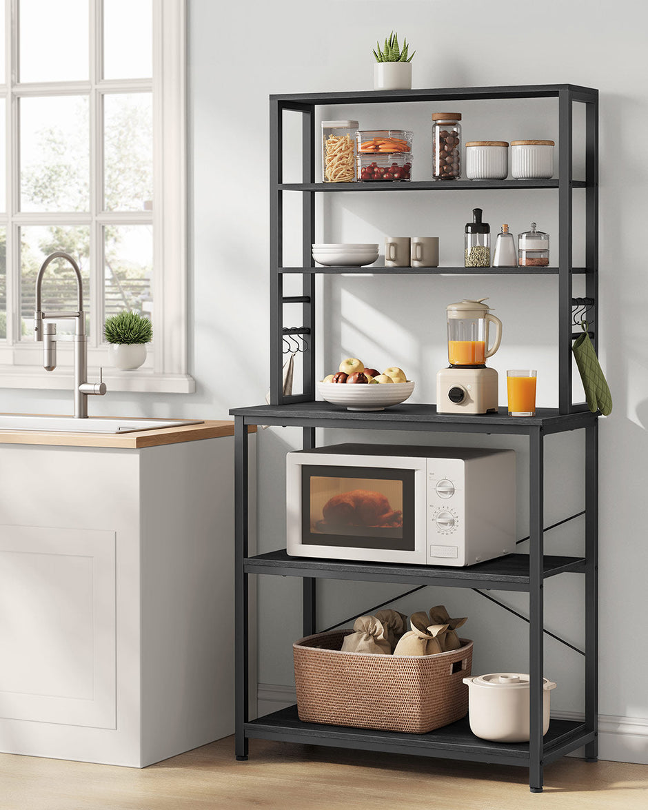 Kitchen Storage Rack – Steel – Charcoal Grey and Ink Black – 6 Shelves and 6 Hooks