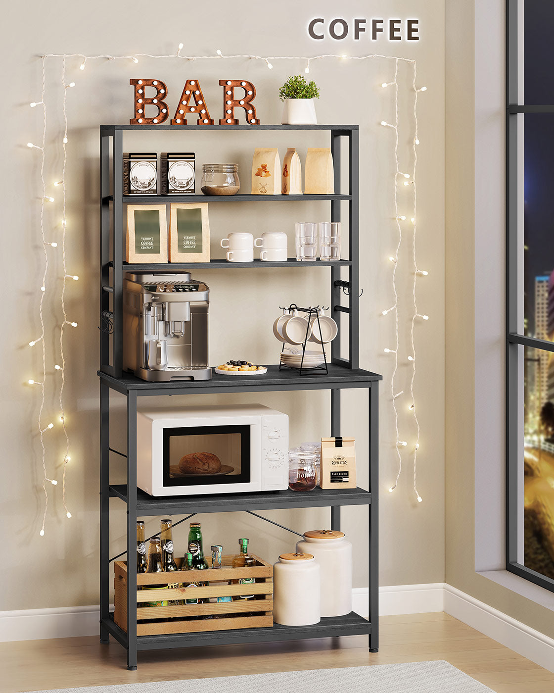 Kitchen Storage Rack – Steel – Charcoal Grey and Ink Black – 6 Shelves and 6 Hooks