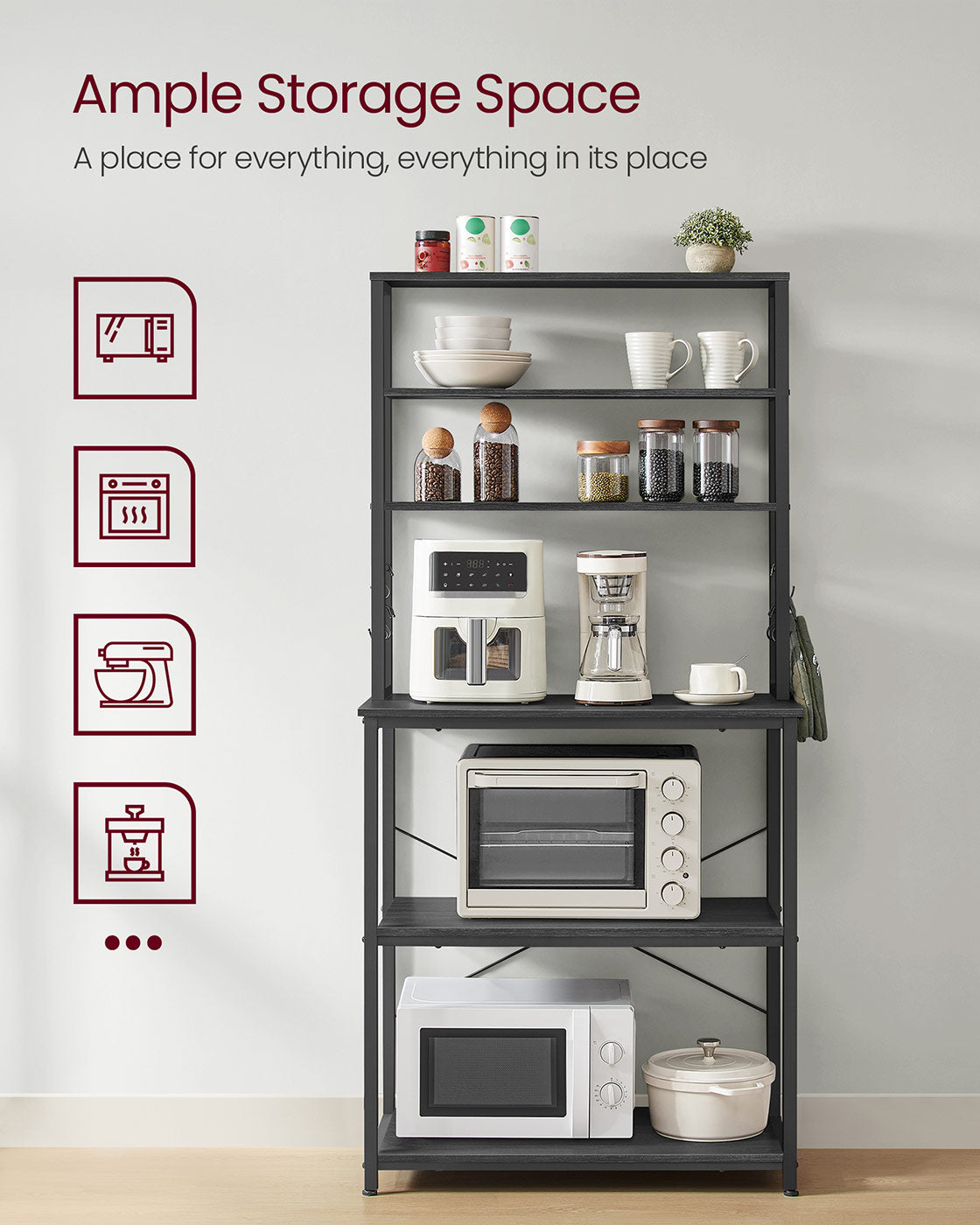 Kitchen Storage Rack – Steel – Charcoal Grey and Ink Black – 6 Shelves and 6 Hooks