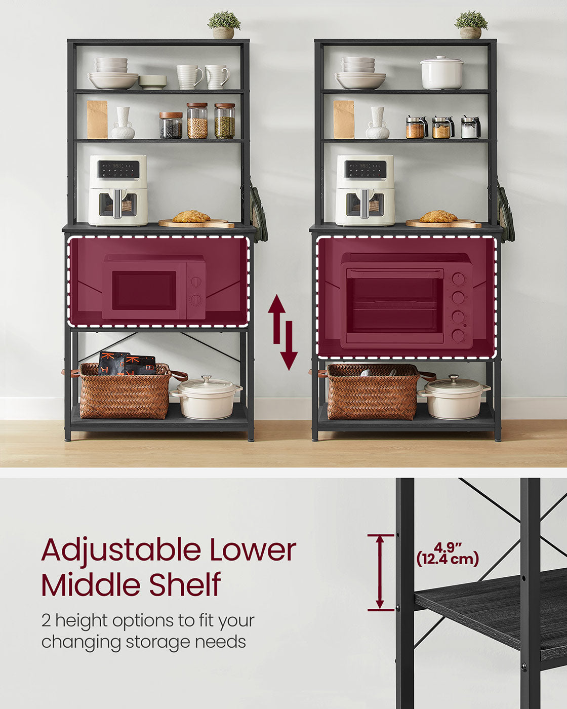 Kitchen Storage Rack – Steel – Charcoal Grey and Ink Black – 6 Shelves and 6 Hooks