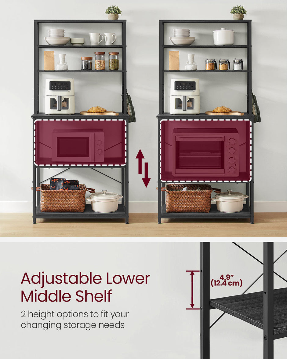 Kitchen Storage Rack – Steel – Charcoal Grey and Ink Black – 6 Shelves and 6 Hooks