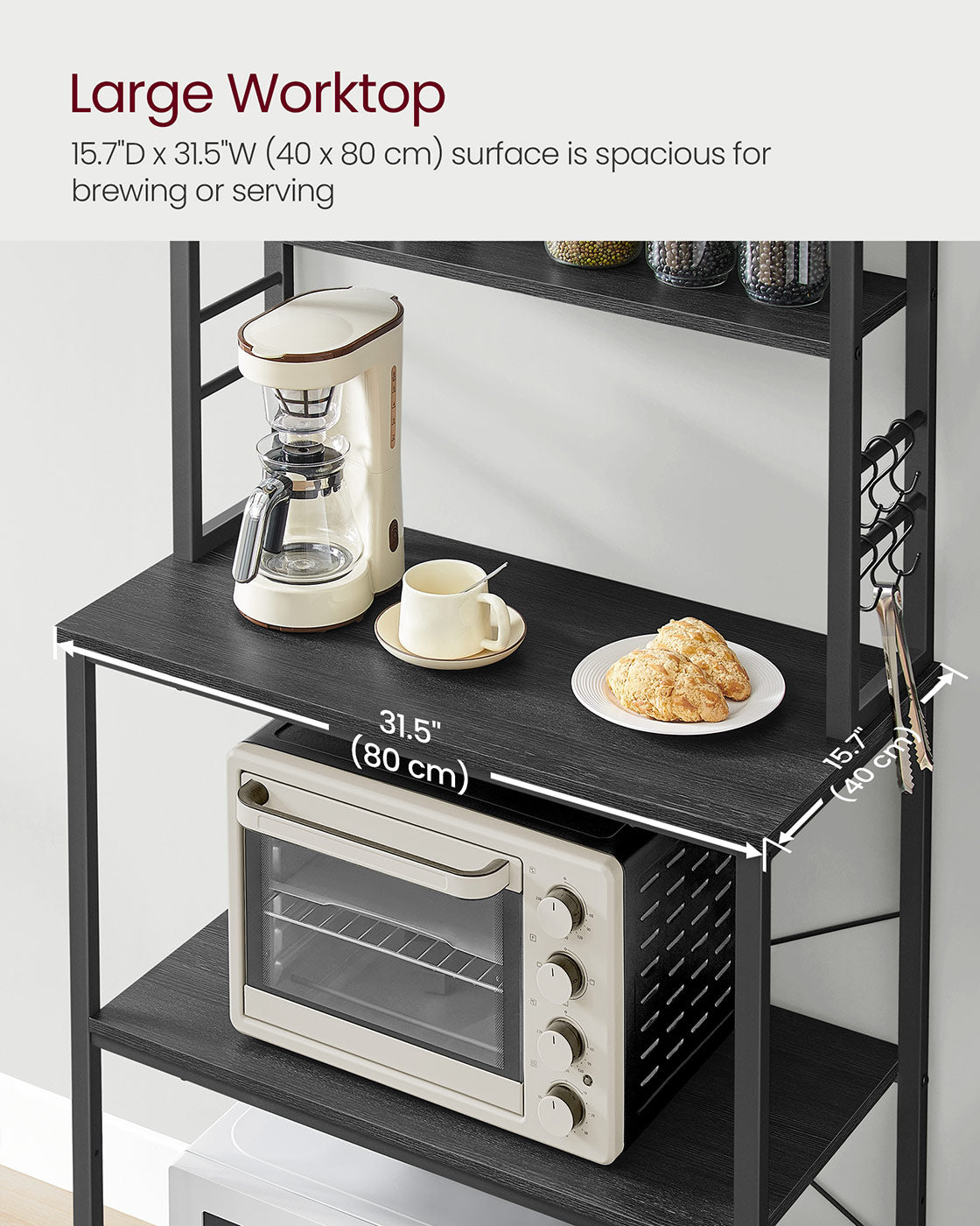 Kitchen Storage Rack – Steel – Charcoal Grey and Ink Black – 6 Shelves and 6 Hooks