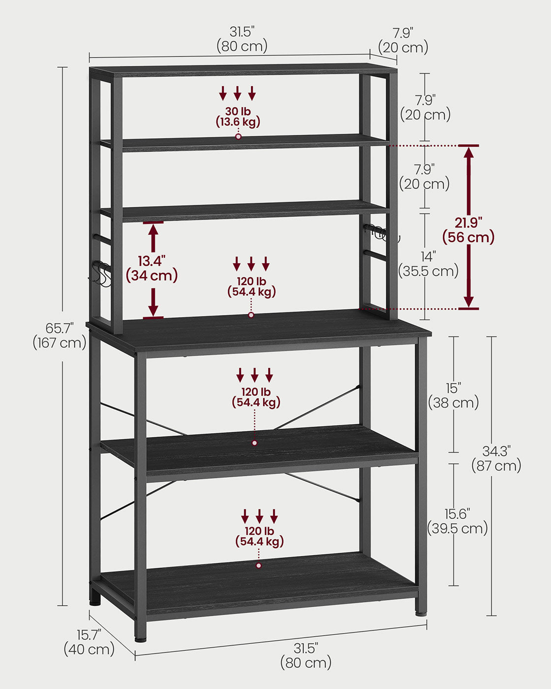 Kitchen Storage Rack – Steel – Charcoal Grey and Ink Black – 6 Shelves and 6 Hooks