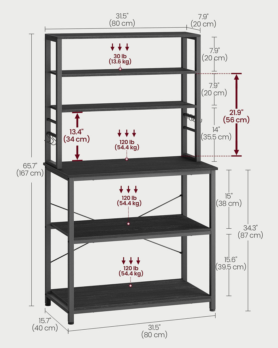 Kitchen Storage Rack – Steel – Charcoal Grey and Ink Black – 6 Shelves and 6 Hooks