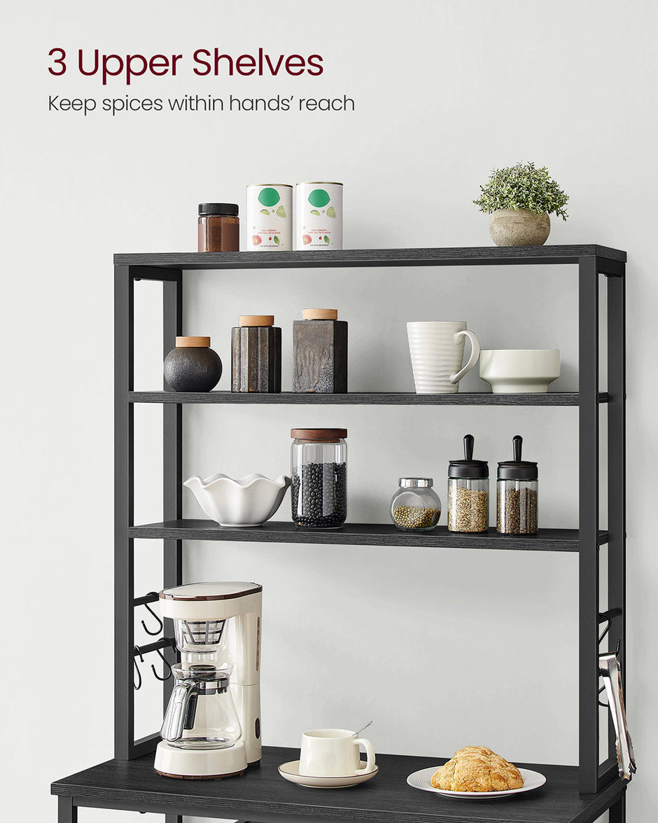 Kitchen Storage Rack – Steel – Charcoal Grey and Ink Black – 6 Shelves and 6 Hooks