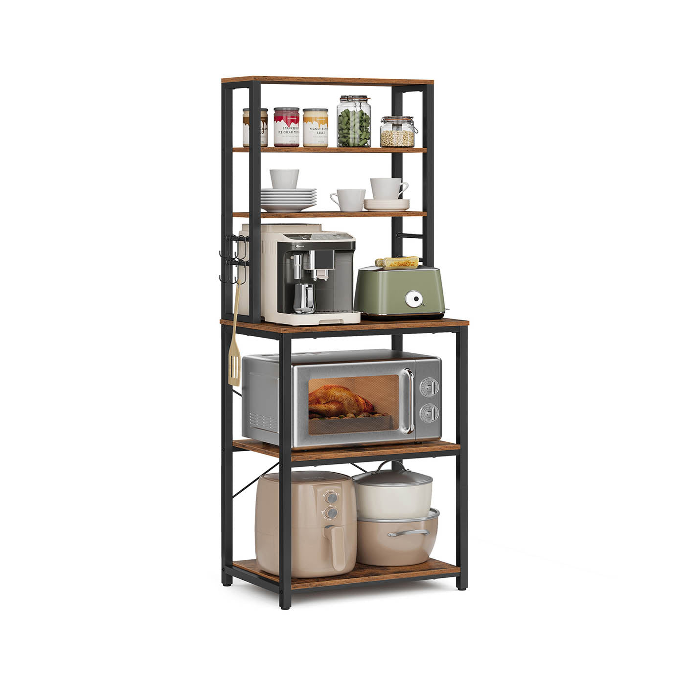 Kitchen Storage Rack – Steel – Heather Greige and Ink Black – 6 Shelves and 6 Hooks