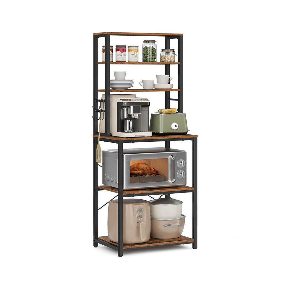 Kitchen Storage Rack – Steel – Heather Greige and Ink Black – 6 Shelves and 6 Hooks