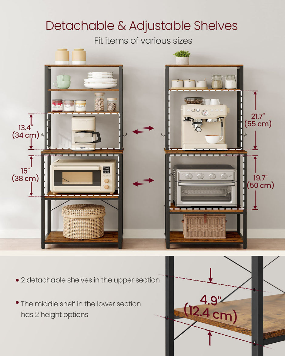 Kitchen Storage Rack – Steel – Heather Greige and Ink Black – 6 Shelves and 6 Hooks