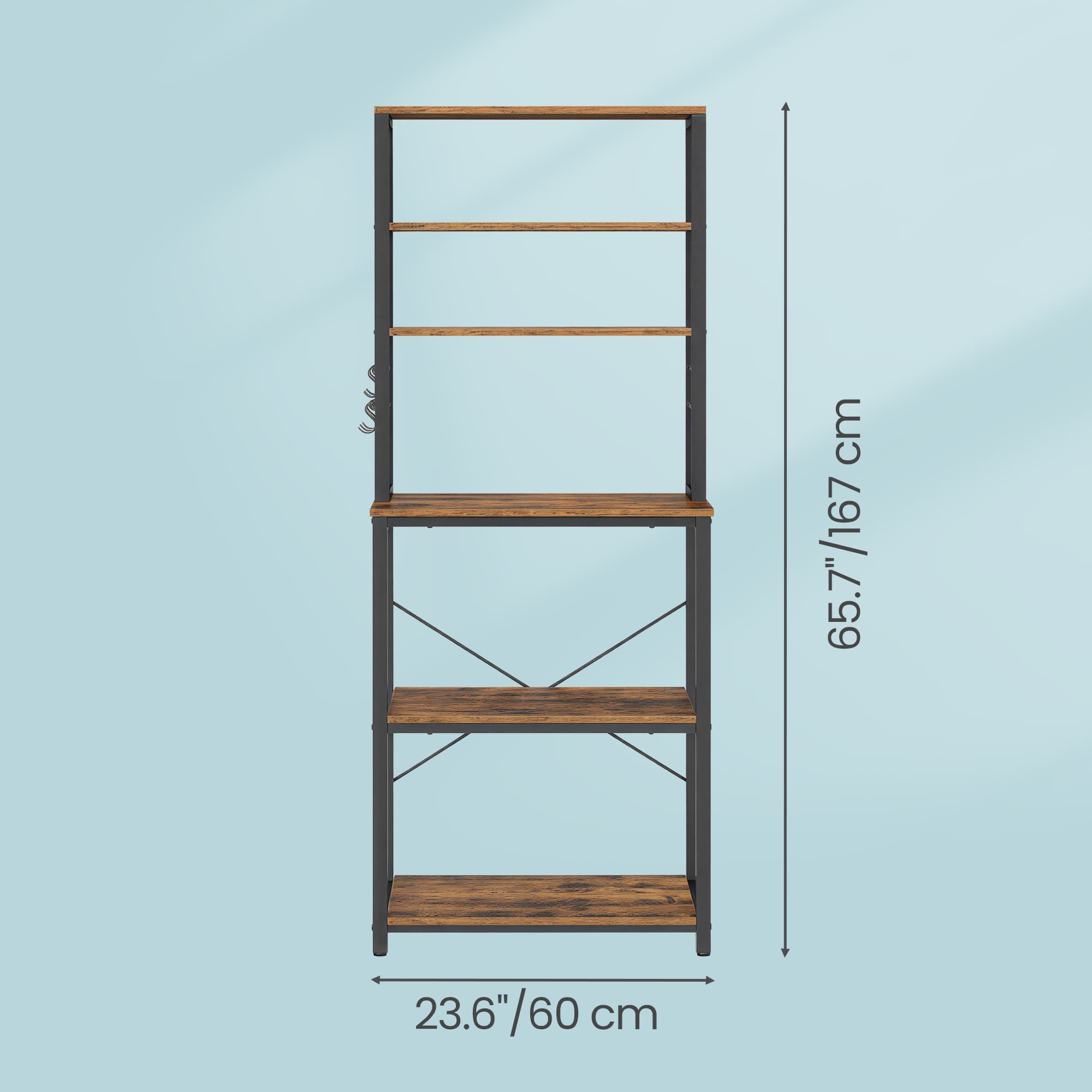 Kitchen Storage Unit – Metal and Wood – Rustic Brown – 6-Tier Design with Hooks