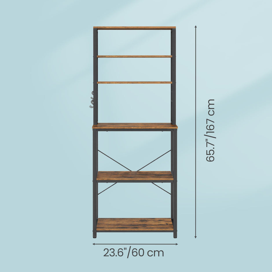Kitchen Storage Unit – Metal and Wood – Rustic Brown – 6-Tier Design with Hooks