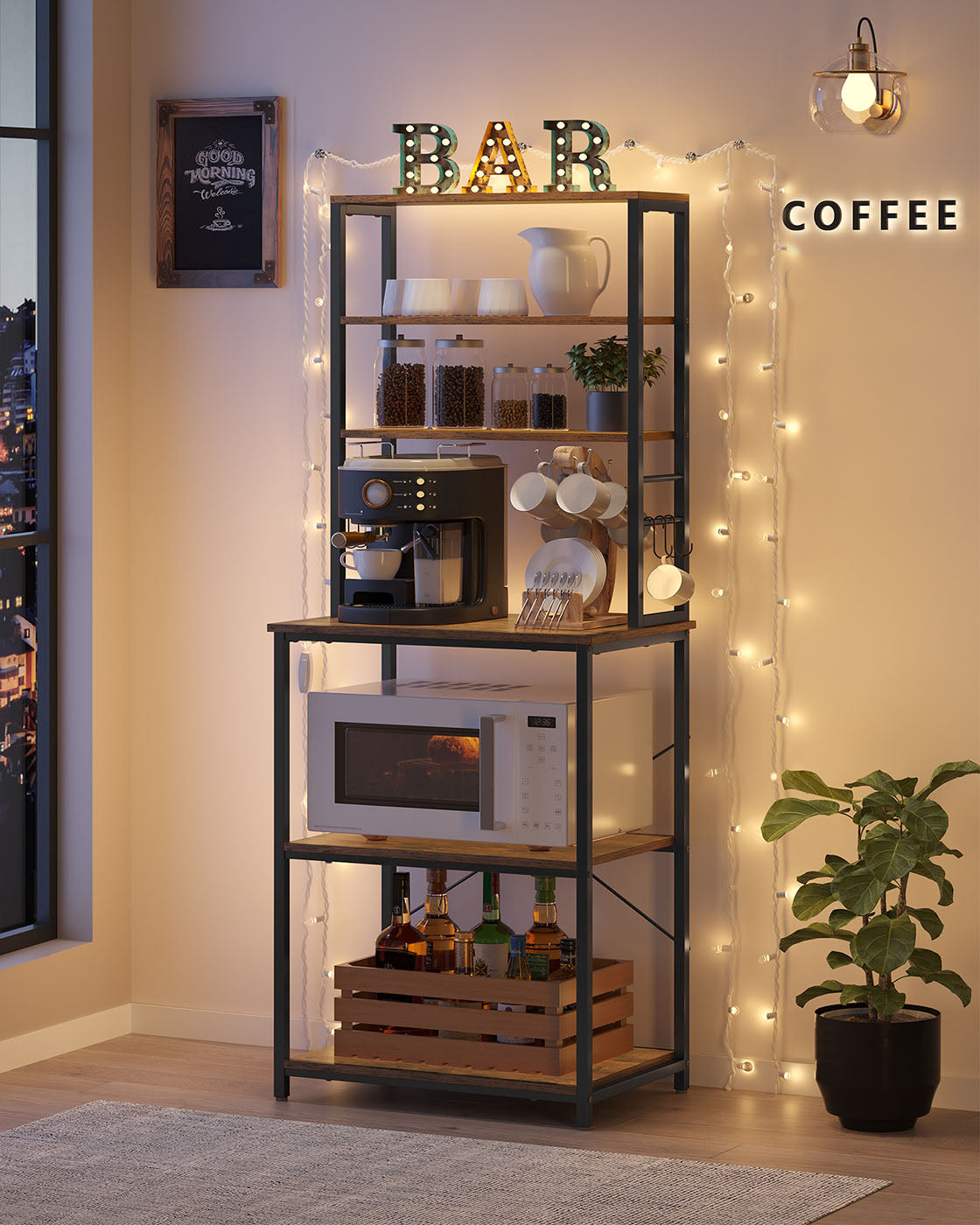 Kitchen Storage Rack – Steel – Heather Greige and Ink Black – 6 Shelves and 6 Hooks