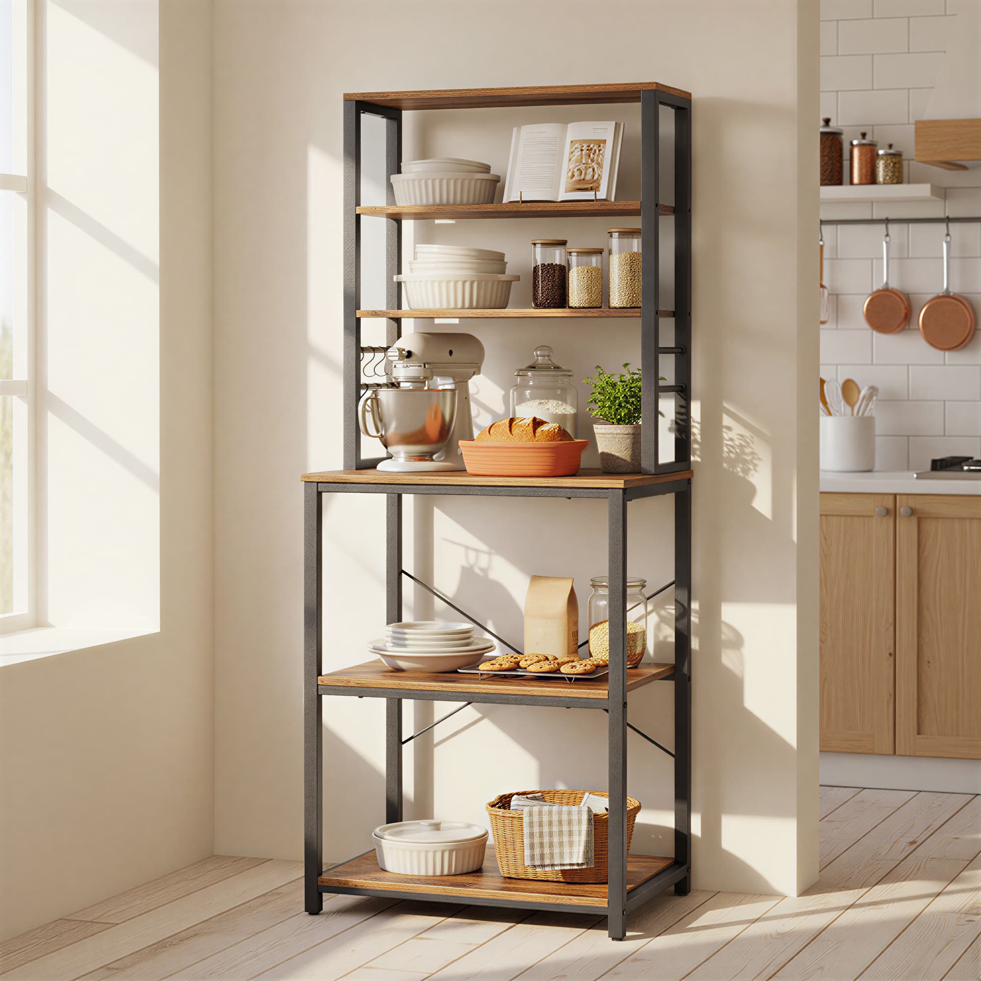 Kitchen Storage Unit – Metal and Wood – Rustic Brown – 6-Tier Design with Hooks