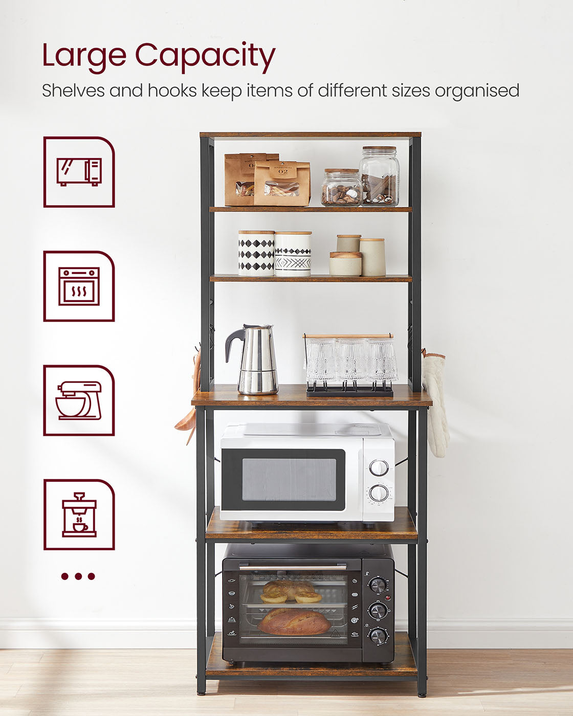 Kitchen Storage Rack – Steel – Heather Greige and Ink Black – 6 Shelves and 6 Hooks