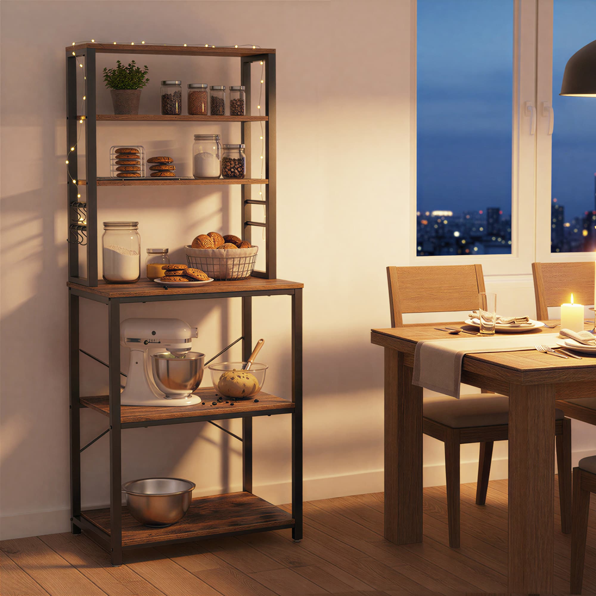 Kitchen Storage Unit – Metal and Wood – Rustic Brown – 6-Tier Design with Hooks