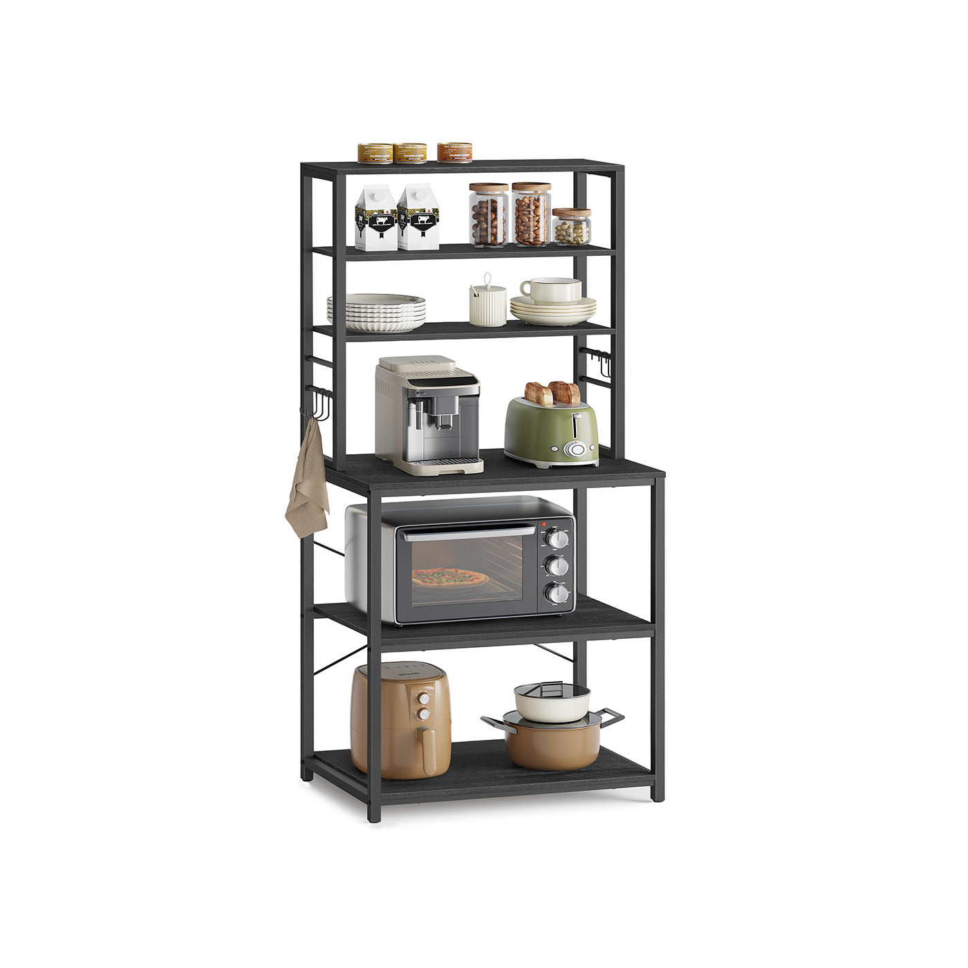 Kitchen Storage Rack – Steel – Charcoal Grey and Ink Black – 6 Shelves and 6 Hooks