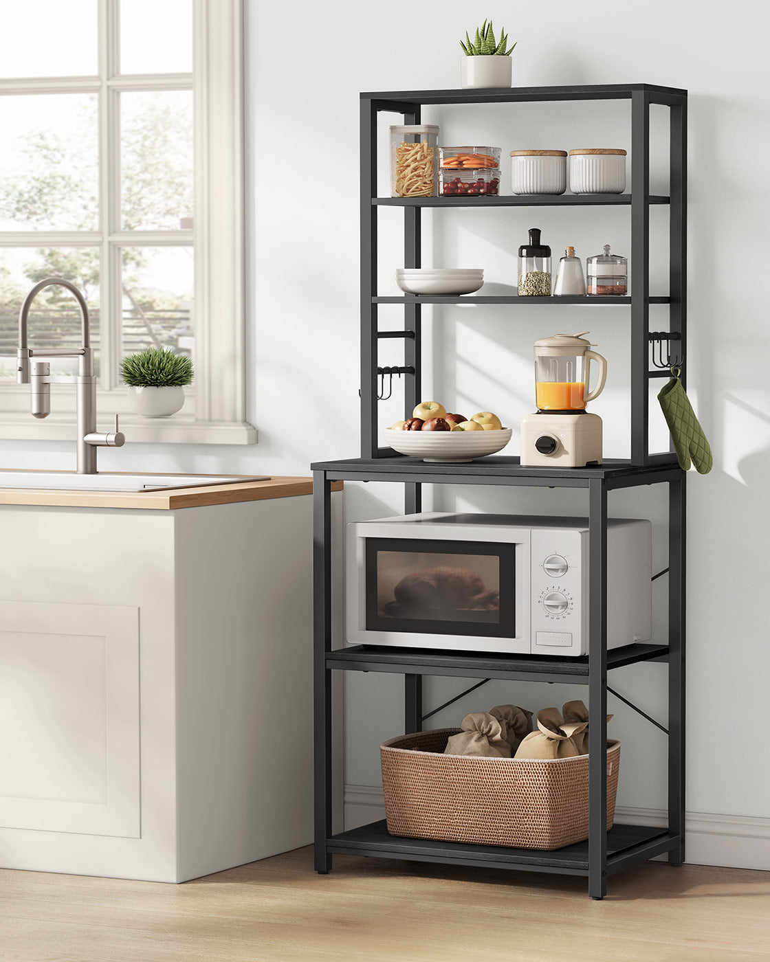 Kitchen Storage Rack – Steel – Charcoal Grey and Ink Black – 6 Shelves and 6 Hooks