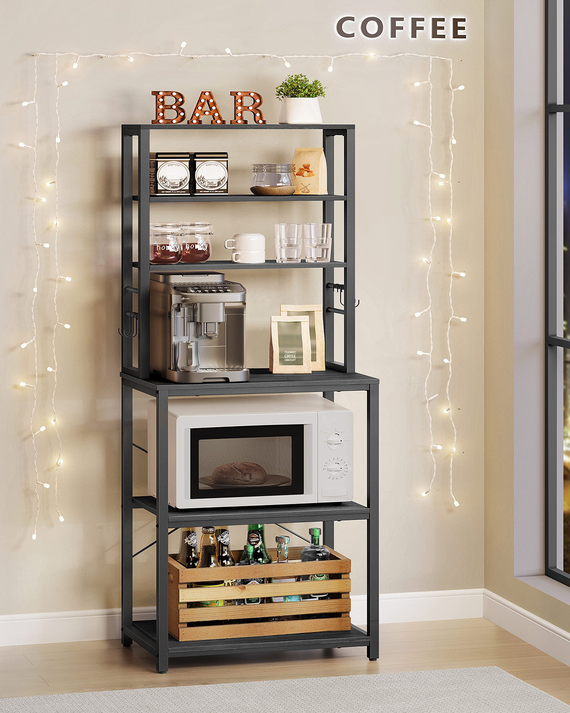 Kitchen Storage Rack – Steel – Charcoal Grey and Ink Black – 6 Shelves and 6 Hooks