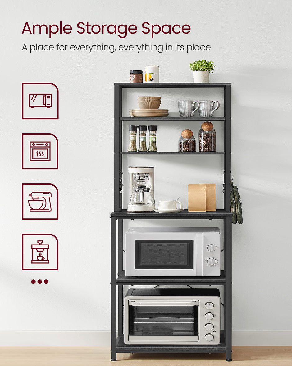 Kitchen Storage Rack – Steel – Charcoal Grey and Ink Black – 6 Shelves and 6 Hooks