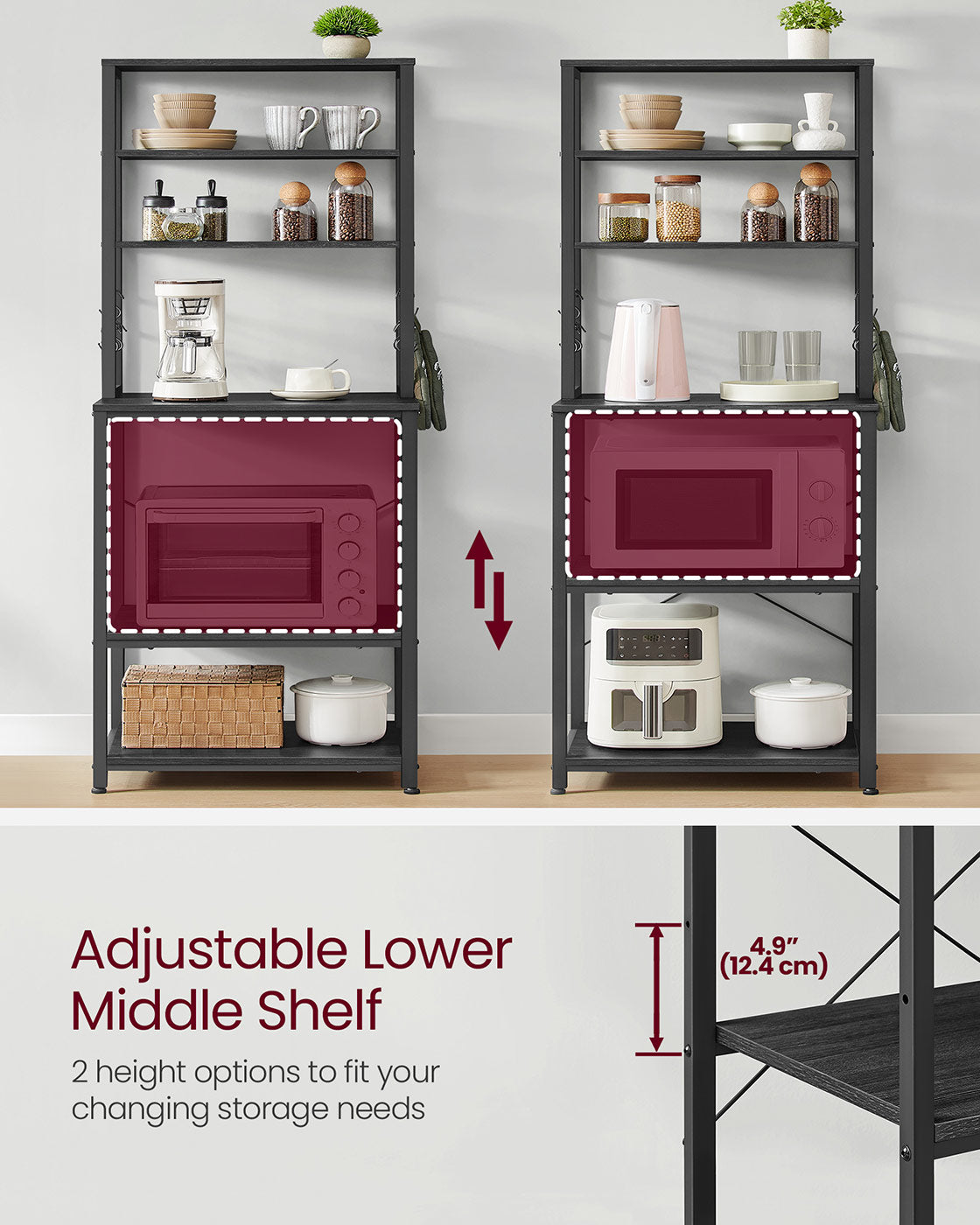 Kitchen Storage Rack – Steel – Charcoal Grey and Ink Black – 6 Shelves and 6 Hooks