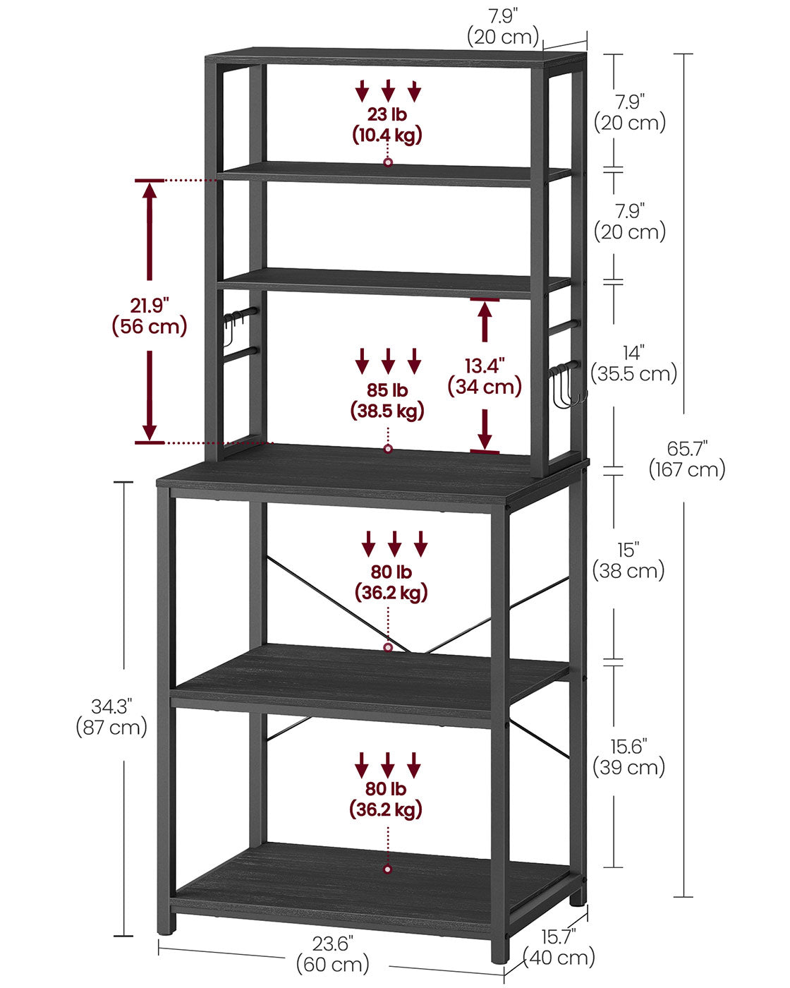 Kitchen Storage Rack – Steel – Charcoal Grey and Ink Black – 6 Shelves and 6 Hooks
