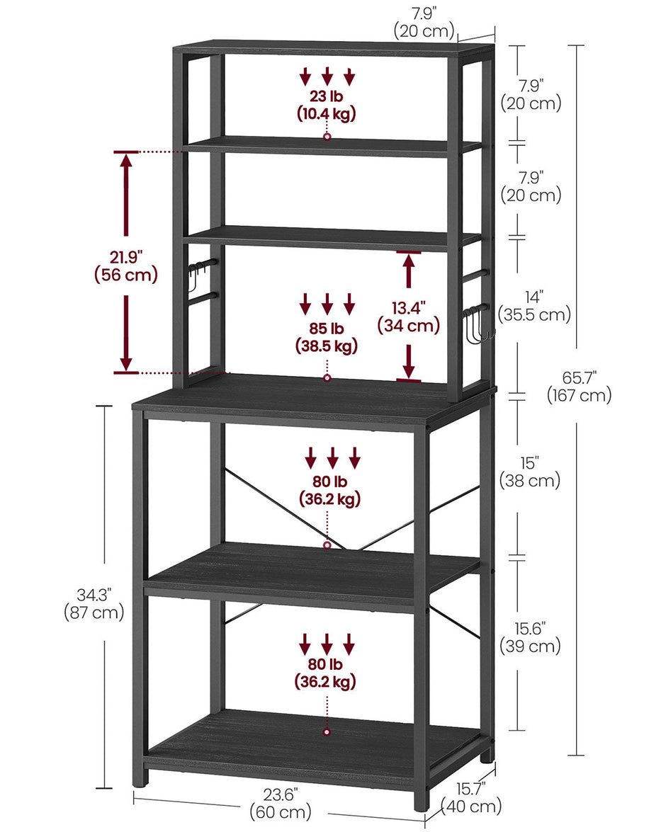 Kitchen Storage Rack – Steel – Charcoal Grey and Ink Black – 6 Shelves and 6 Hooks