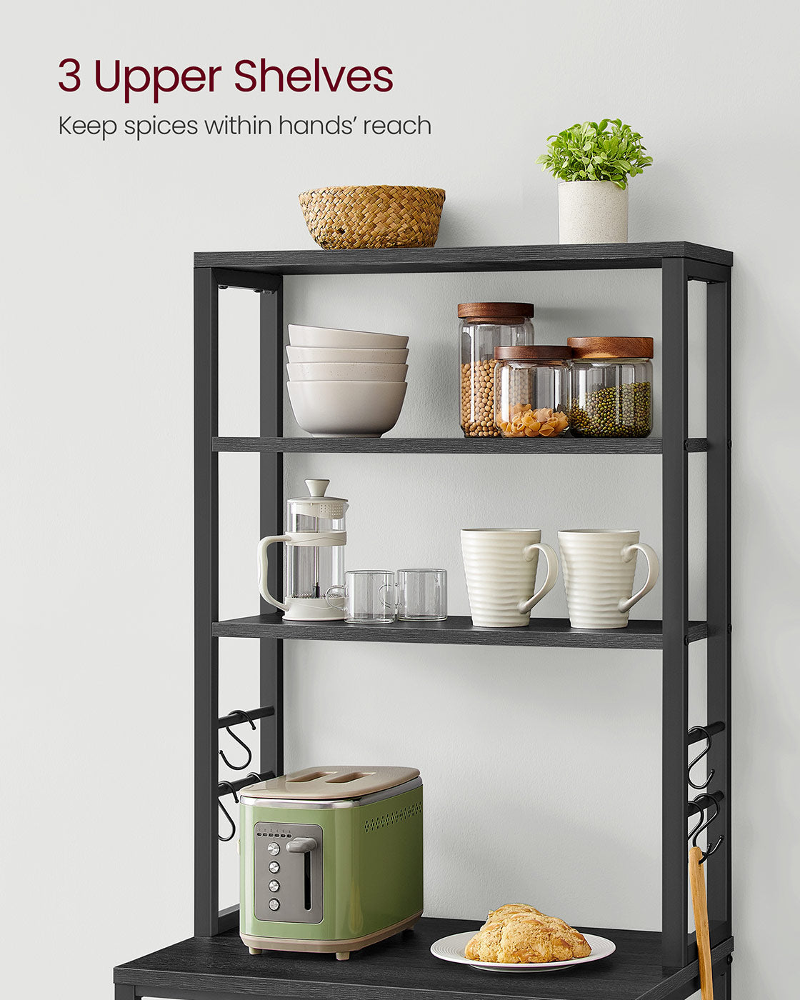 Kitchen Storage Rack – Steel – Charcoal Grey and Ink Black – 6 Shelves and 6 Hooks