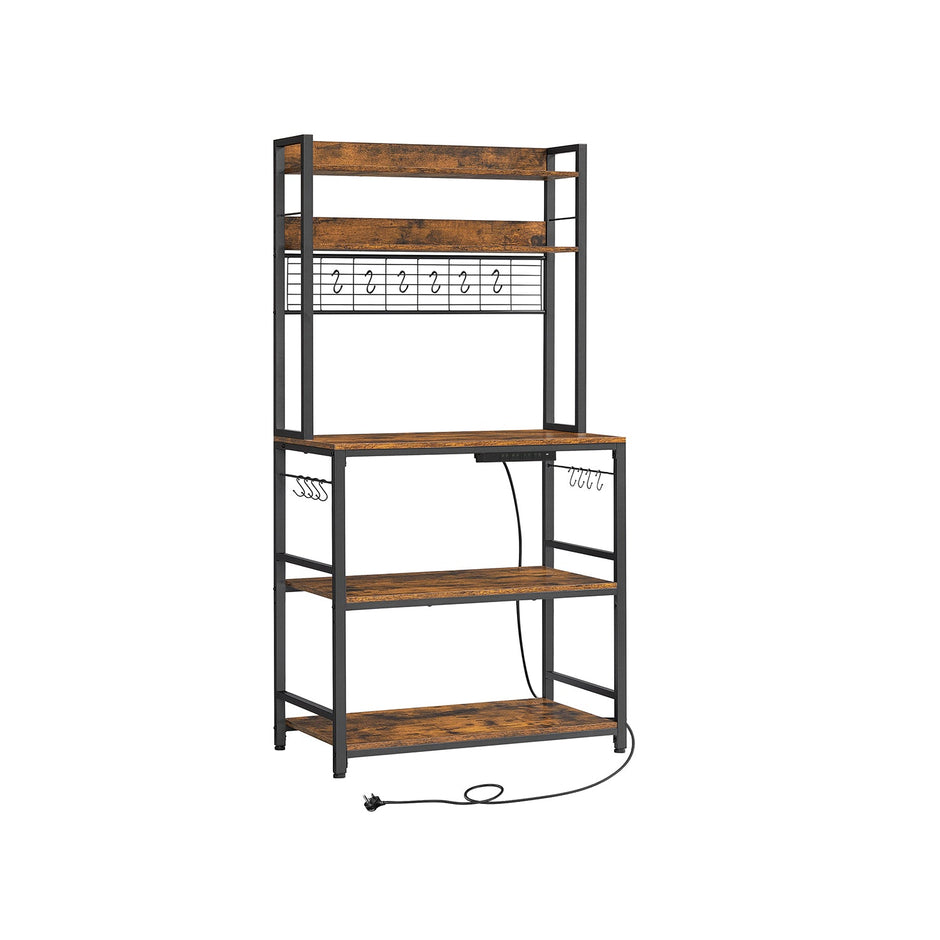 Kitchen Storage Rack – Steel – Rustic Brown and Ink Black – Featuring Power Outlet and 14 Hooks