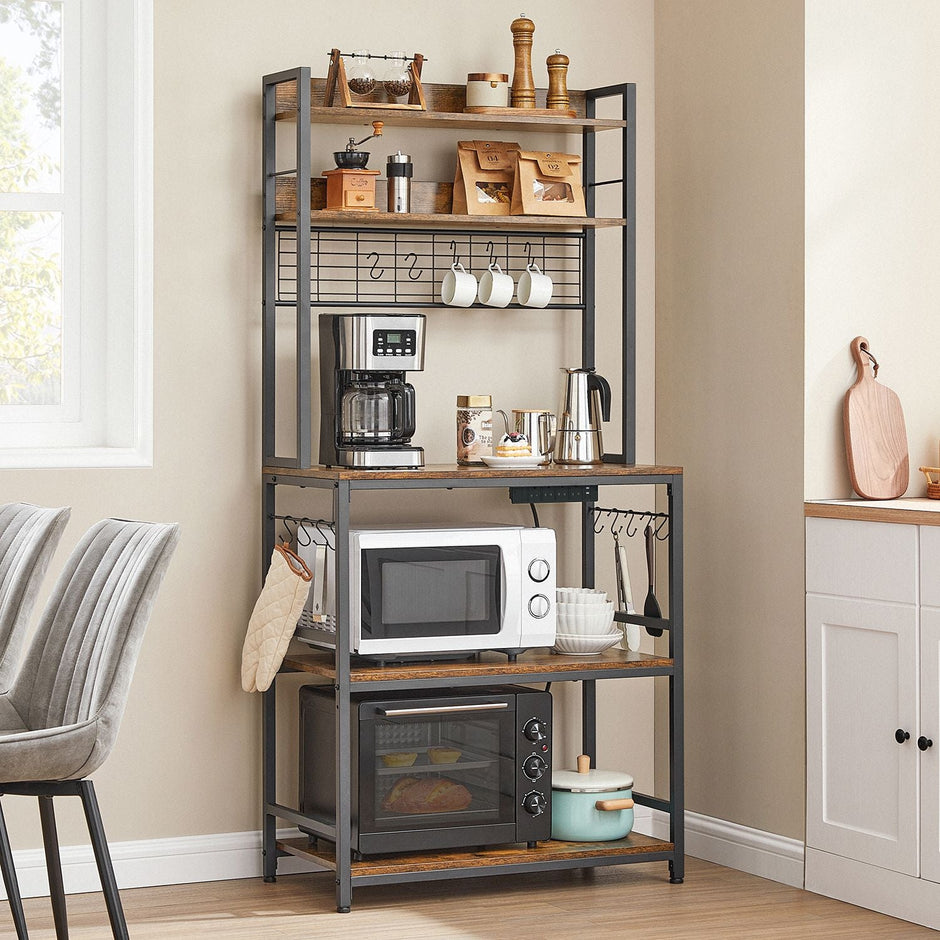 Kitchen Storage Rack – Steel – Rustic Brown and Ink Black – Featuring Power Outlet and 14 Hooks