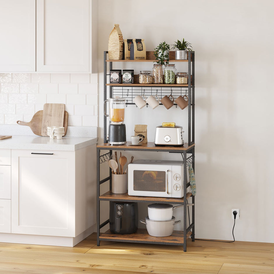 Kitchen Storage Rack – Steel – Rustic Brown and Ink Black – Featuring Power Outlet and 14 Hooks