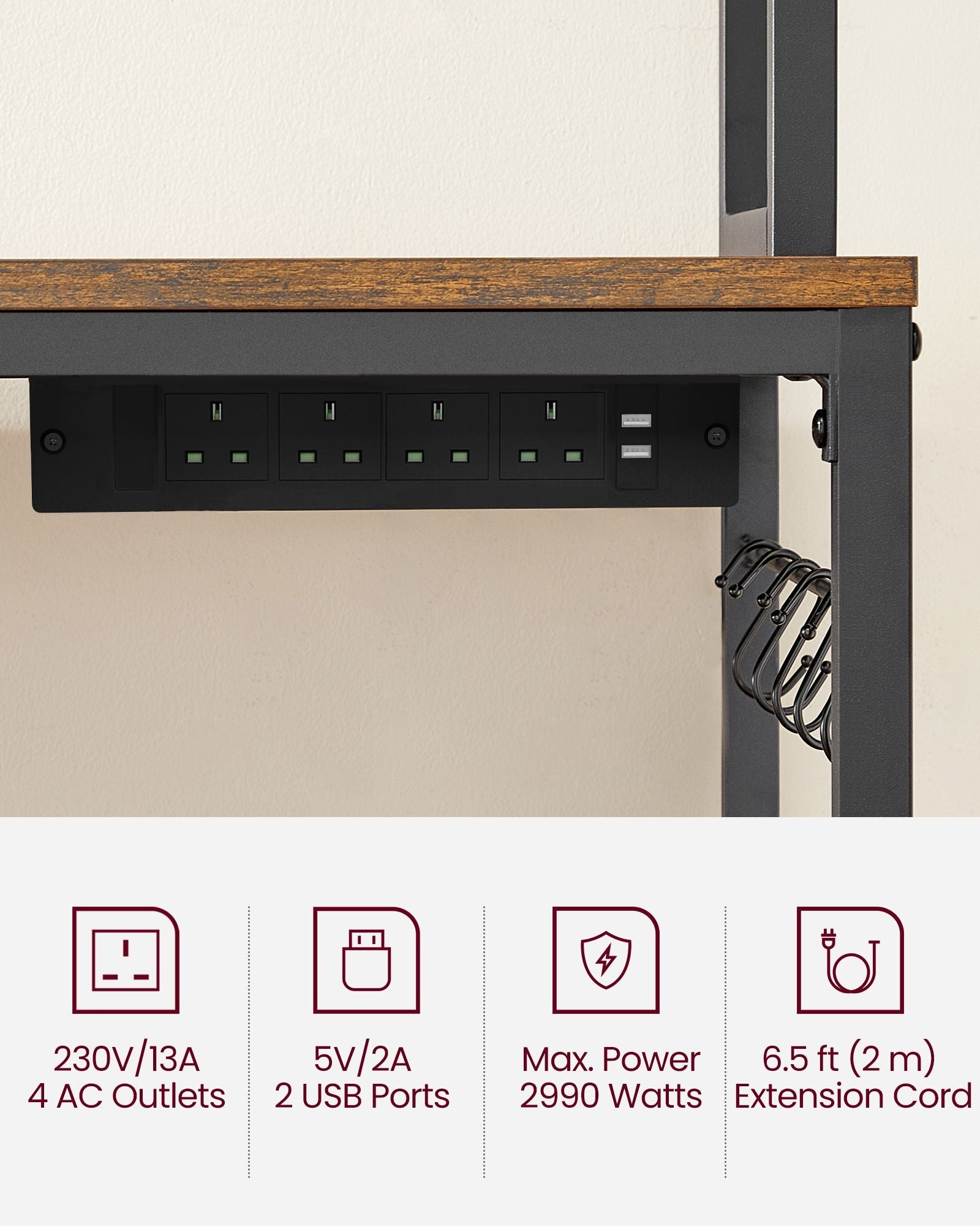 Kitchen Storage Rack – Steel – Rustic Brown and Ink Black – Featuring Power Outlet and 14 Hooks