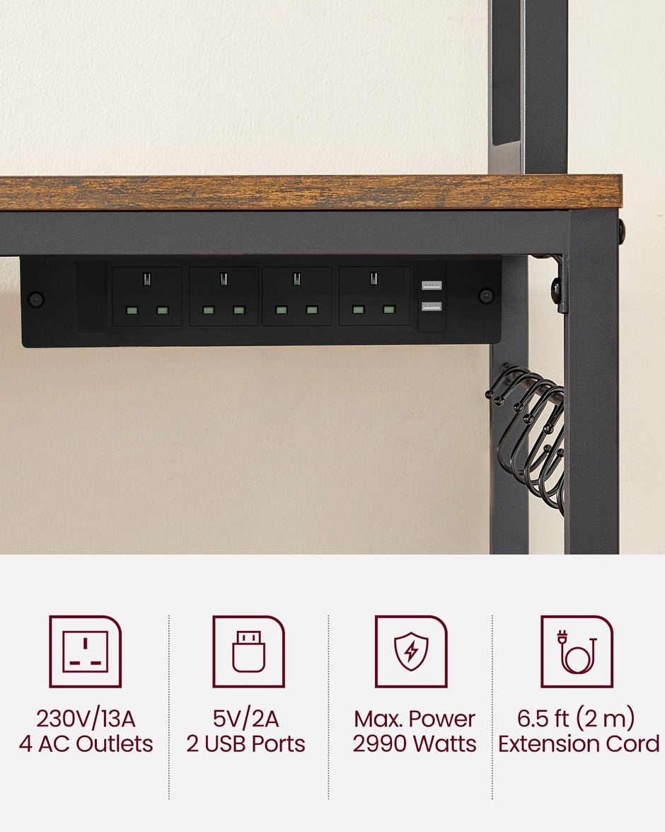 Kitchen Storage Rack – Steel – Rustic Brown and Ink Black – Featuring Power Outlet and 14 Hooks