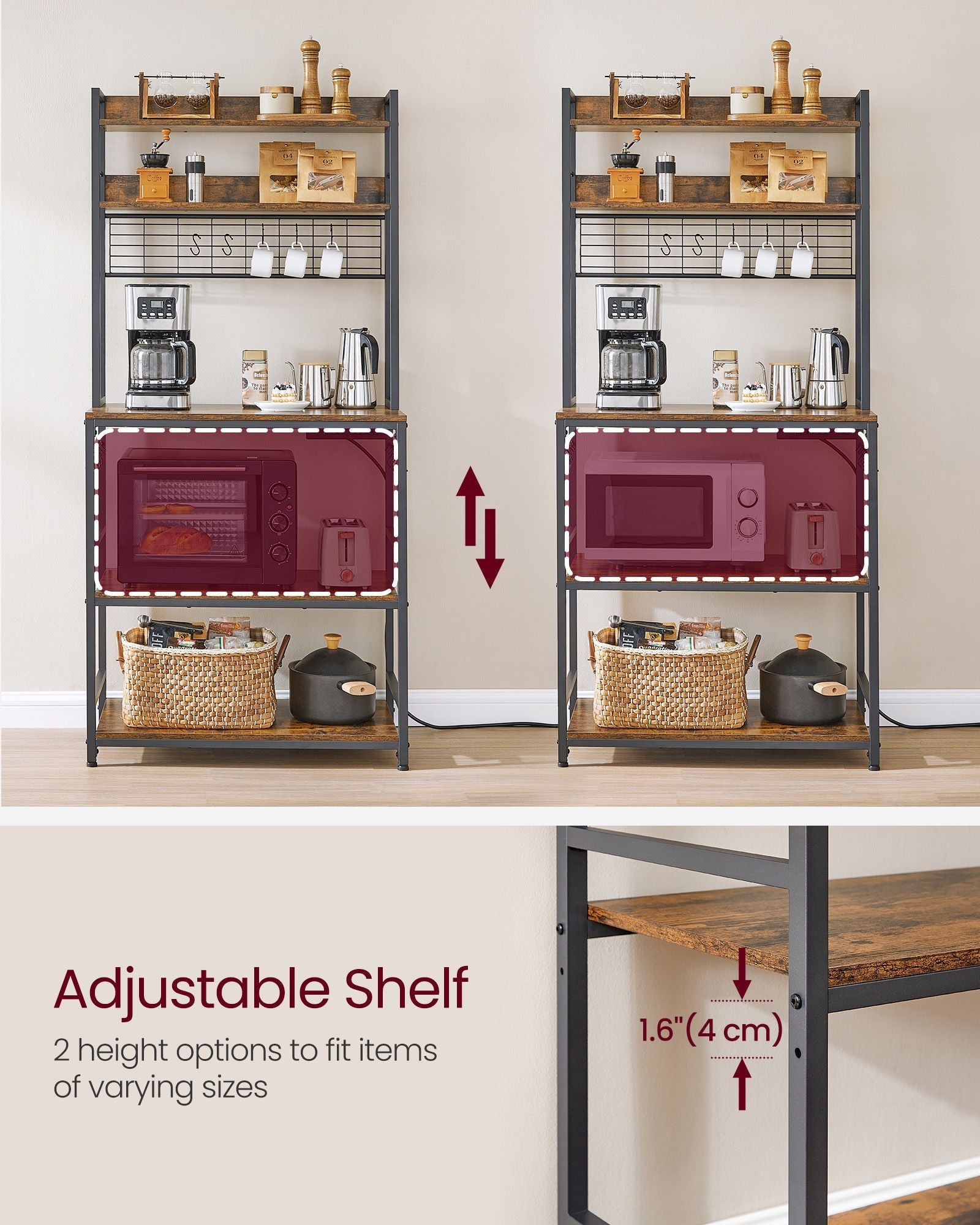 Kitchen Storage Rack – Steel – Rustic Brown and Ink Black – Featuring Power Outlet and 14 Hooks