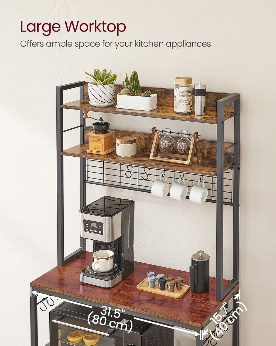 Kitchen Storage Rack – Steel – Rustic Brown and Ink Black – Featuring Power Outlet and 14 Hooks