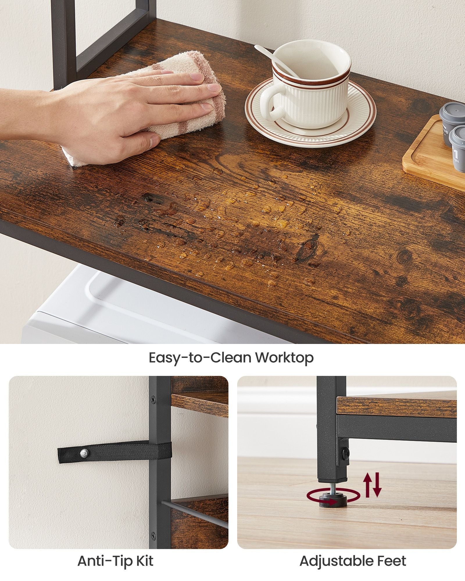 Kitchen Storage Rack – Steel – Rustic Brown and Ink Black – Featuring Power Outlet and 14 Hooks