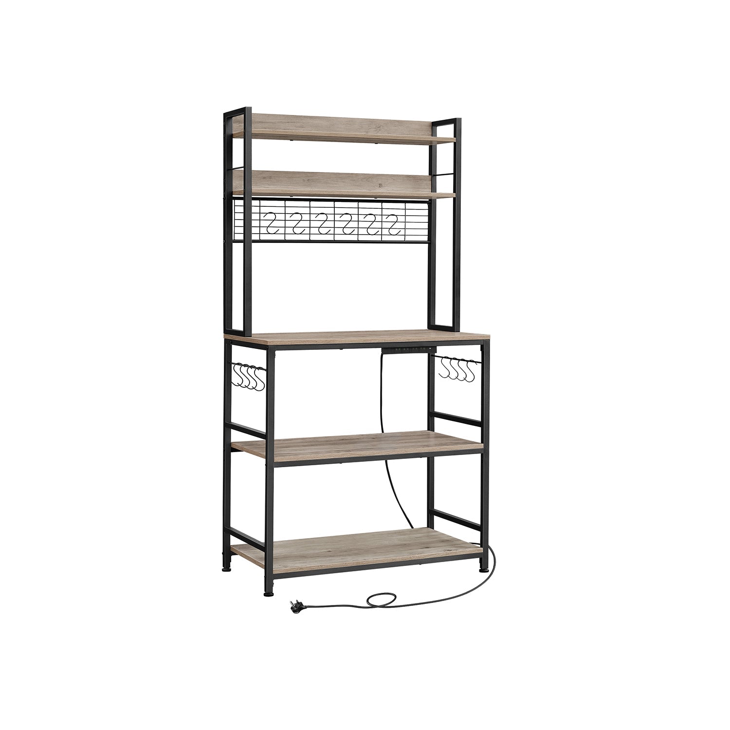 Kitchen Storage Rack – Steel – Greige and Ink Black – with Power Outlet and 14 Hooks